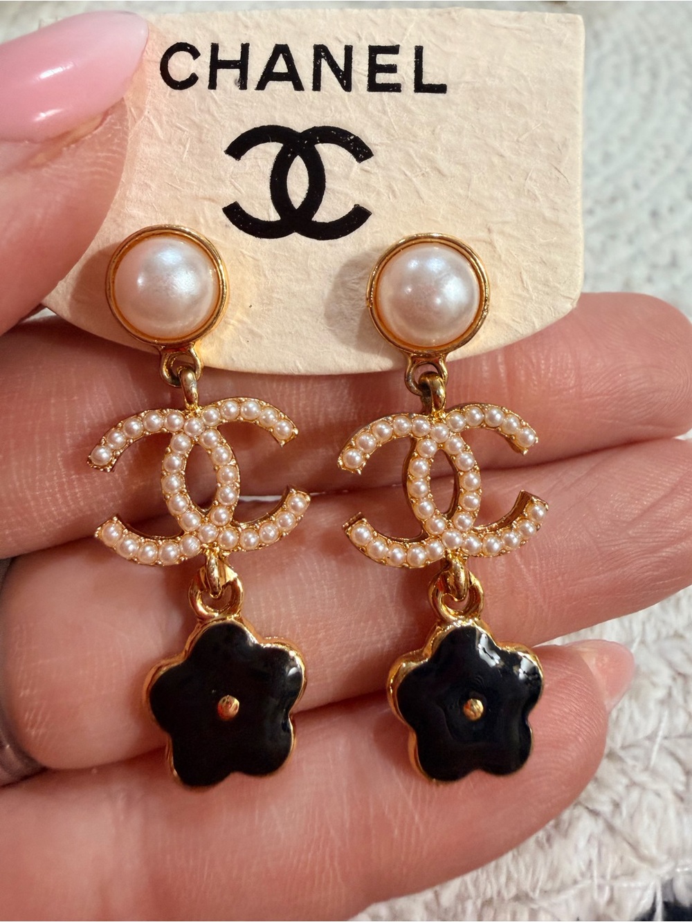 Gold-Tone Pearl CC Drop Earrings with Black Flower | New